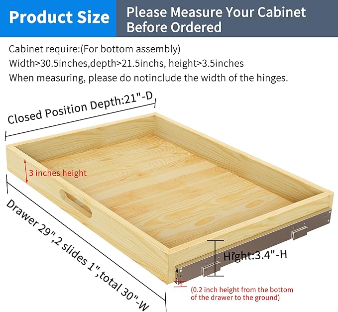 2 Set Pull Out Cabinet Organizer, Soft Close Slide Out Wood Drawer Storage Shelves for Kitchen, Base Cabinet Organization for Pantry, Finished, Heavy-Duty, Bottom Assembly (30” W x 21” D)