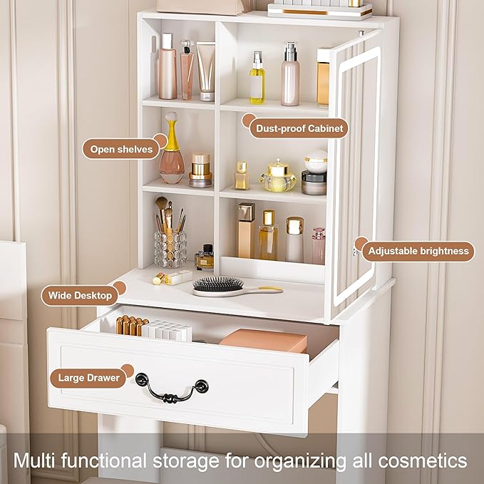 Small Makeup Vanity Desk with Mirror and Lights, Vanity Table Set with Storage Drawer & Open Shelves, 3 Lighting Colors, Adjustable Brightness Mini Makeup Vanity with Stool