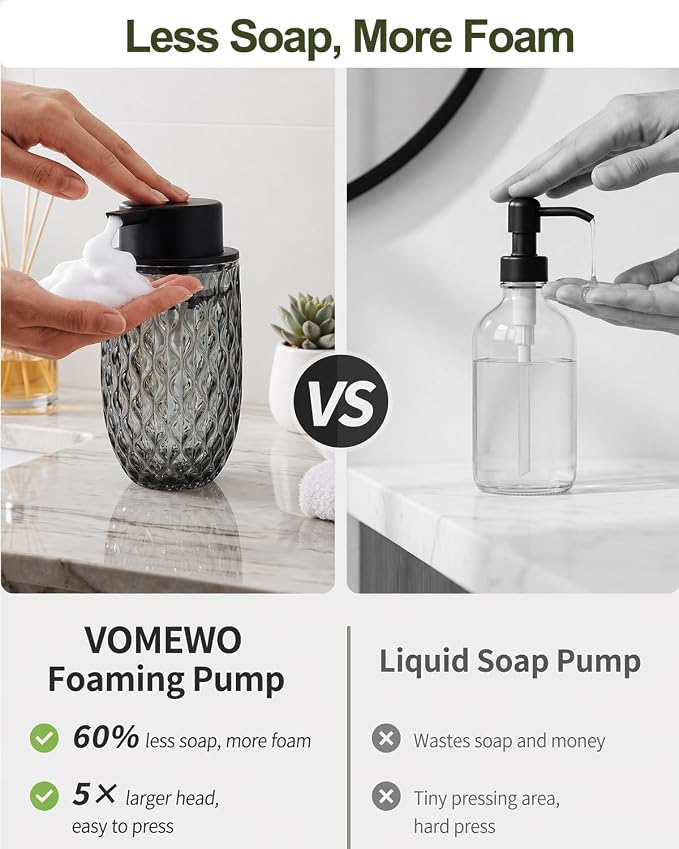 Glass Foaming Soap Dispenser, Grey Embossed Foam Hand Soap Dispenser, 2PCS | Refillable Foaming Soap Bottle, with Black Pump for Bathroom, Kitchen, Elegant Modern Home Decor, 12 OZ Large Capacity
