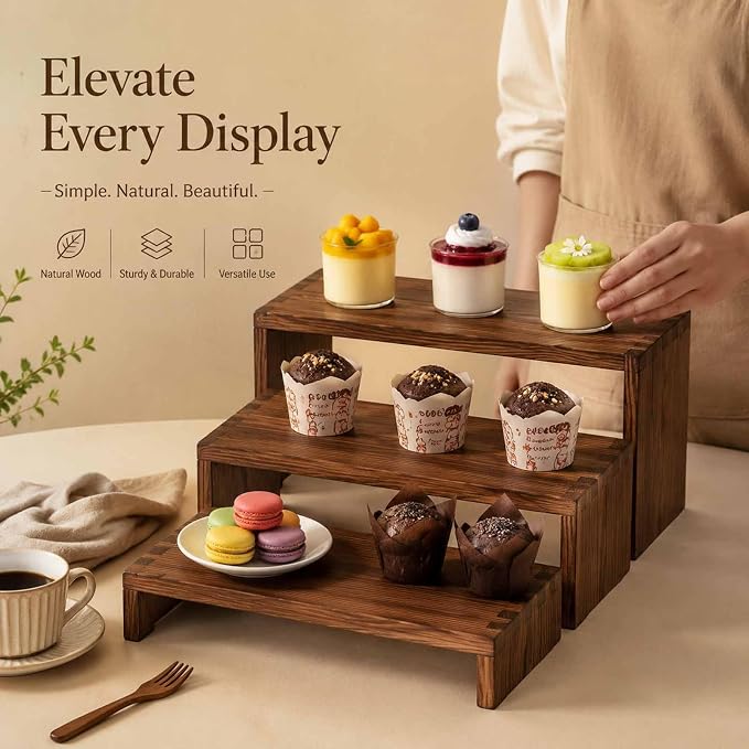 3-Tier Wooden Display Risers, Tiered Display Stand, Shelf Risers for Table Display, Small Wood Display Shelf (1, Cranberry)