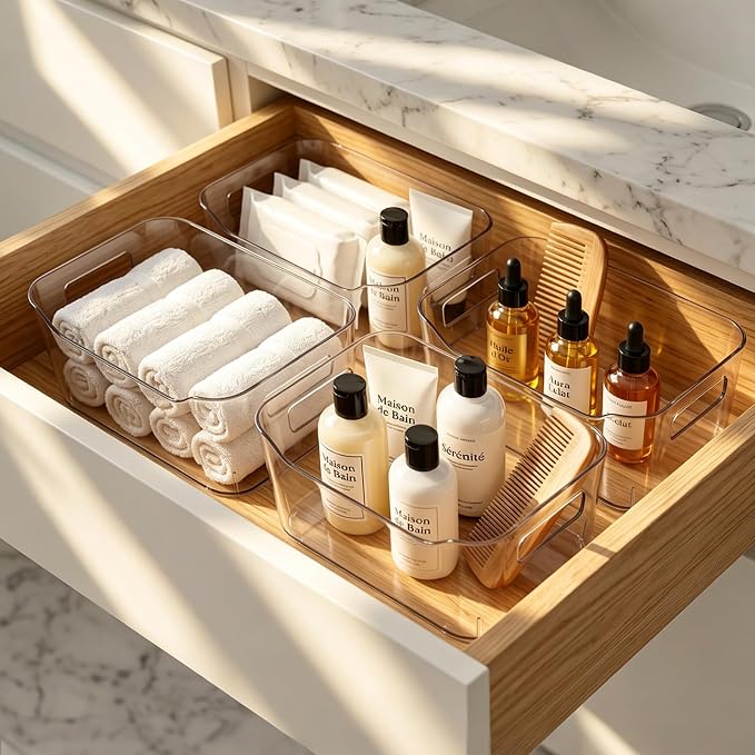 Hudgan 8 Pack Clear Pantry Organizer Bins for Kitchen, Clear Plastic Storage Bins for Bathroom, Pantry Organizer Containers for Home Edit, Drawer, Under Sink, Fridge