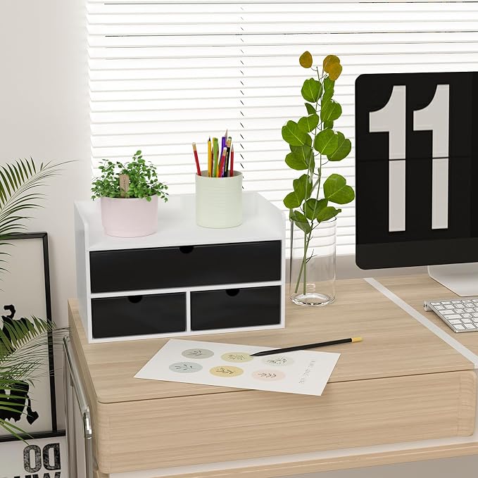 Bamboo Desk Organizer with Drawers, Desktop Storage for Office Supplies | 3 Drawers Desktop organizer, No Assembly Required, Natural Wood Wooden Desktop Drawers Box for Bills, Cosmetics, Seals, Paper