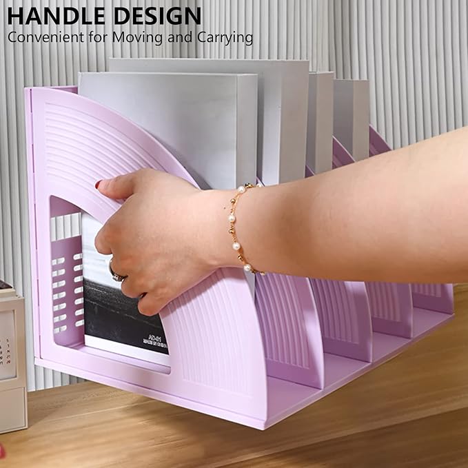 SAYEEC Sturdy Magazine Holder 4 Compartments Plastic Desktop File Organizer File Dividers Office Organizer Storage Document Magaizne Rack Display Box (Purple)