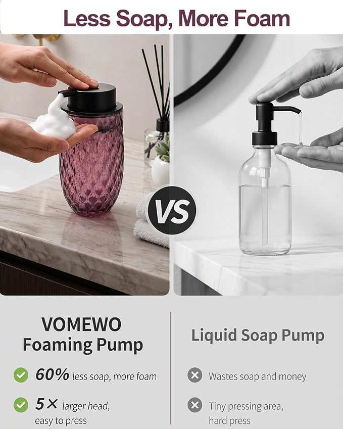 Glass Foaming Soap Dispenser, Purple Embossed Foam Hand Soap Dispenser | 2PCS Refillable Foaming Soap Bottle, with Black Pump for Bathroom, Kitchen, Elegant Modern Home Decor, 12 OZ Large Capacity