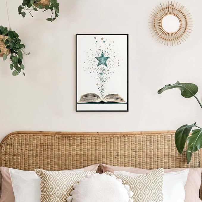 Magical Book Bookish Star Art Aesthetic Poster Canvas Wall Art Decoration Living Room Home Decor Bedroom Decoration Poster black framed20x30inch