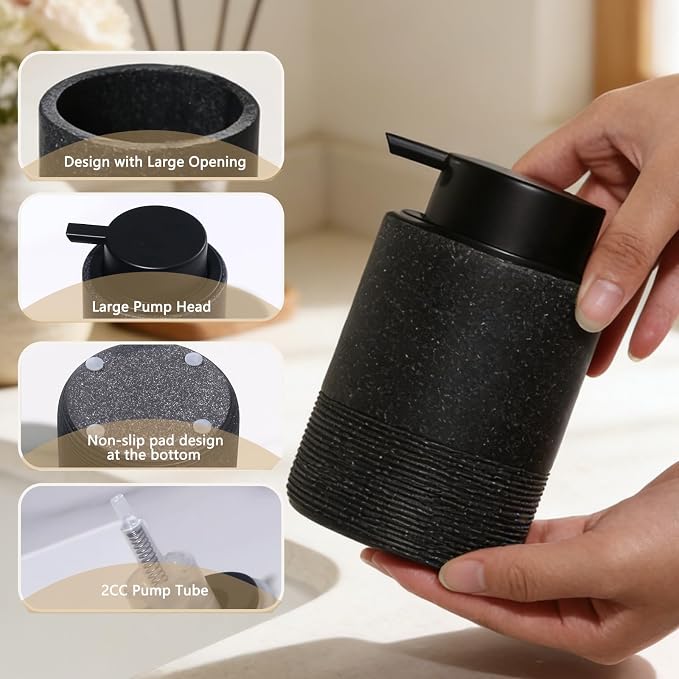 Resin Foaming Soap Dispenser, 11 OZ Bathroom & Kitchen Foam Soap Dispenser, Easy Press Pump, Refillable Hand Soap Dispenser, Modern Decor (Black)