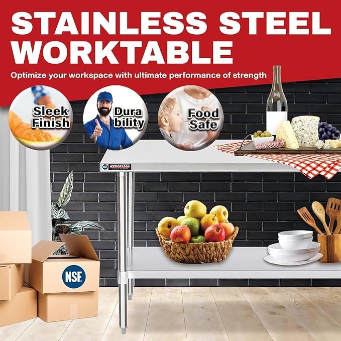DuraSteel 24x48 Stainless Steel Work Table - NSF Commercial Prep Metal Table - Outdoor Pizza Oven Stand w/Under Shelf - Kitchen Island Laundry Utility Garage Microwave Stand Large Rolling Storage Cart