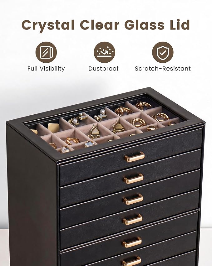 Lolalet Earring Organizer, Jewelry Box with Clear Lid -Black, 8 Layer | PU Leather, Velvet, Removable Dividers, Dustproof, Easy Clean, For Studs Rings, Gift for Women Girls, Home Aesthetic Decor