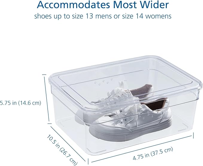 Clear Plastic Glossy Extra Wide Shoe Box with Lid, Adult Size, One Pair Size, One Tier