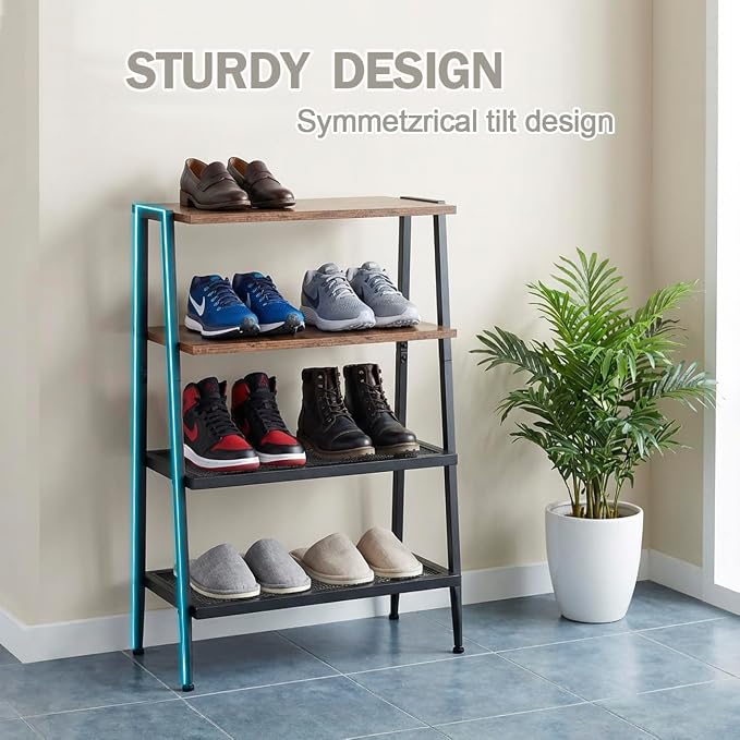 A-Shaped Shoe Rack for Entryway, 4-Tier Heavy-Duty Shoe Organizer | Wooden Top, Mesh Shelves, Space-Saving Shoe Storage Shelf, 25.28"H, Holds 8 Pairs, for Bedroom, Hallway, Garage,Rustic Brown