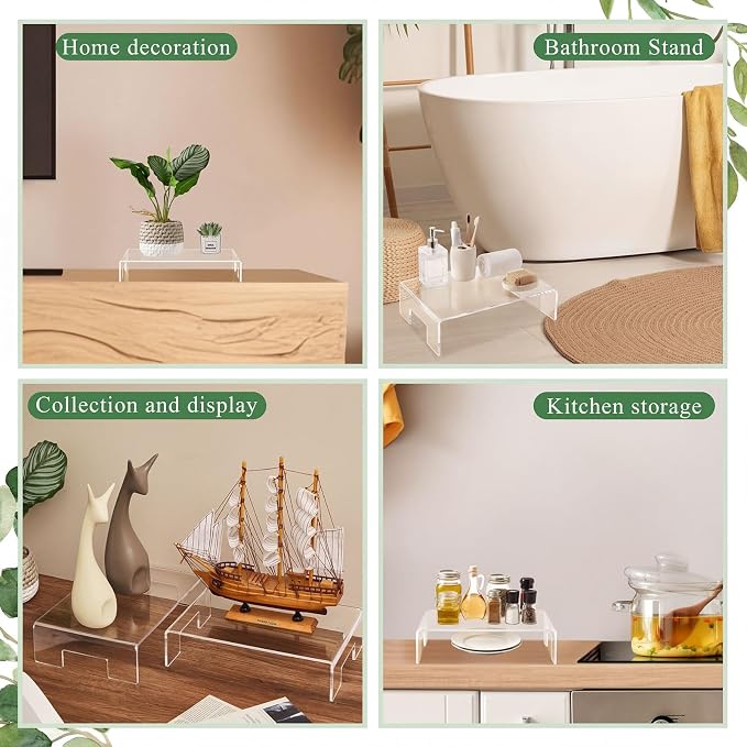 RattanView 2 Pcs 12 x 8 x 3 Inch Large Acrylic Risers Display Stands 5 mm Thick Acrylic Shelf Riser Showcase for Collectibles Jewelry Cupcakes Food Figures Perfume Cabinet (Clear)
