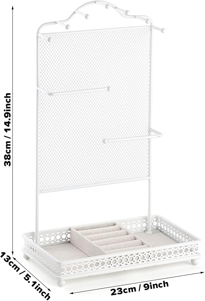 Meangood Jewelry Organizer Stand, Earring Holder Rack for Hanging Earrings Necklace Bracelets Watches Jewelry Display Large Rings Storage as Women Gift (White)
