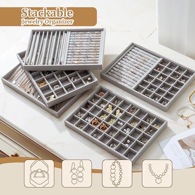 Large Jewelry Organizer for Drawer Insert Velvet Stackable Jewelry Trays for Earring Necklace Bracelet Ring Display (Gray, Ring and 24 Grids)