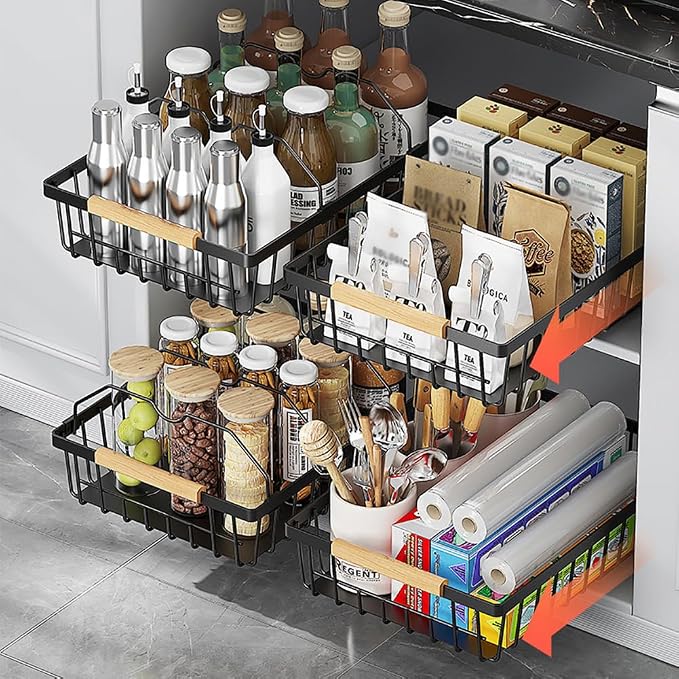 Pull Out Cabinet Organizer, Multifunctional Sliding Mesh Cabinet Basket, No Drill Pull Out Shelf Storage Drawer for Kitchen Bathroom Home Pantry