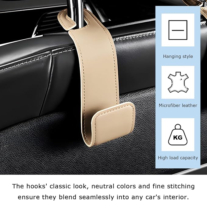 Car Seat Headrest Hook, Microfiber Leather Hanger Holder Hook for Hanging Purse and Bag, Universal Vehicle Back Seat Organizer Hook for Grocery Bag Handbag Coat (Beige)