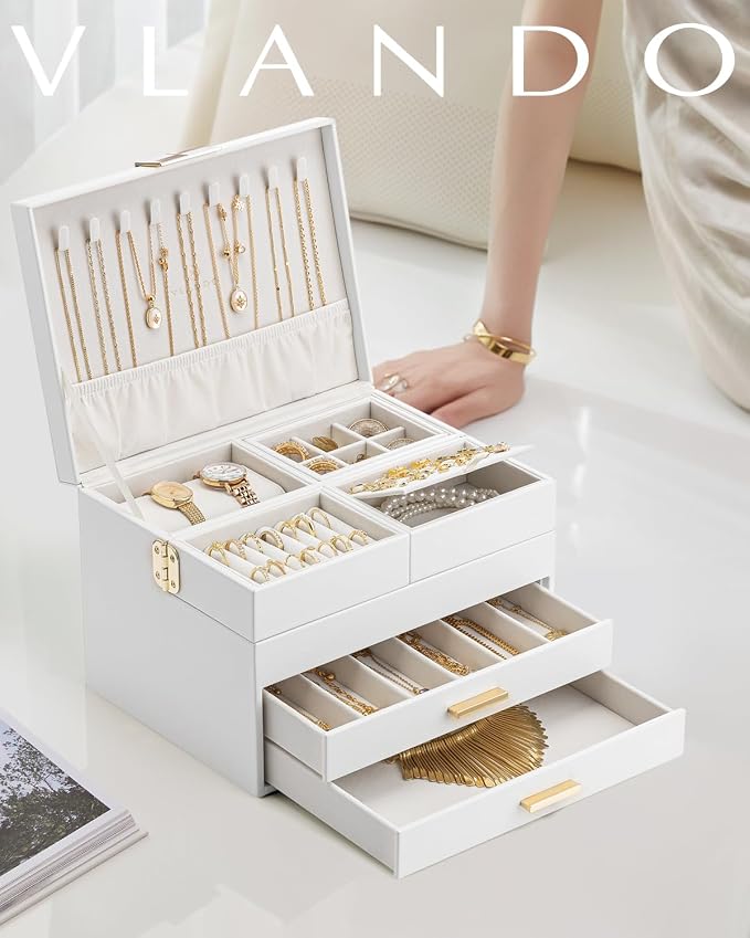 VLANDO 4 Layers Jewelry Box - Women Jewelry Box with Retractable Tray - Jewelry Organizer with Drawer for Necklaces, Rings, Bracelets, Earrings, Gift for Couples Mom Girls - White