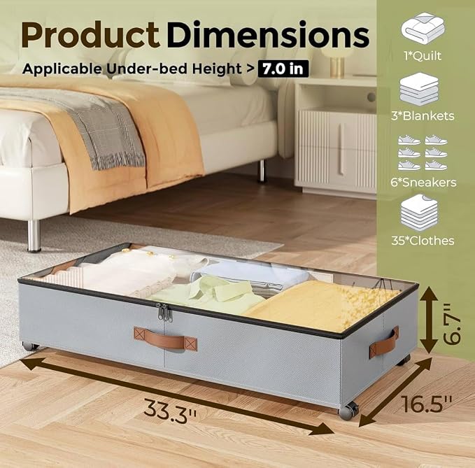 Under Bed Storage with Wheels 2 Pack, Rolling Under-Bed Metal Drawer, Low-Profile Organizer Bin for Clothes, Shoes & Blankets
