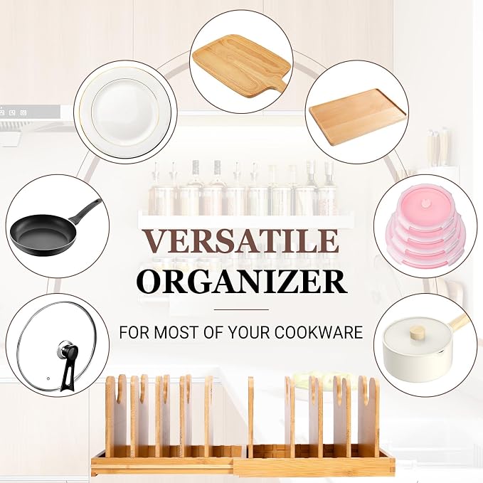 Bamboo Expandable Pot Lid Organizer, Pots and Pans Holder Rack for Cabinet | 10pcs Removable Dividers, Customized Storage, Space-saving, FSC-certified Bamboo, No Assembly