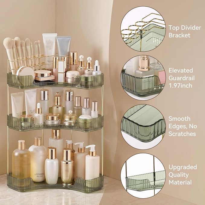 3-Tier Corner Bathroom Counter Organizer with Makeup Brush Holder, Green | Large Makeup Organizers for Vanity, Corner Bathroom Countertop Organizer for Cosmetic Perfume Skincare Storage