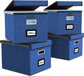 Huolewa Decorative File Organizer Boxes Office Document Storage with Lids, Portable Collapsible Linen Hanging Filing & Storage Boxes for Office/Decor/Home (Royal Blue) -14.9 x 12.7 x 10.8 inch -4 Pack