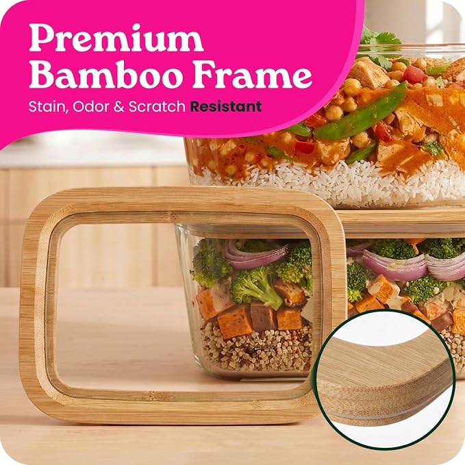 Large Glass Food Storage Containers with Clear-Top Bamboo Lids – 87Oz 2 Pack Plastic Free Glass Meal Prep Containers for Lunch, Eco Friendly Airtight Food Storage, Microwave & Oven Safe (87.7 Fl Oz)