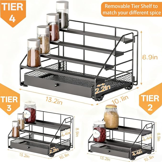 DTUQYX Spice Rack Organizer for Cabinet: 4 Tier Adjustable Spice Rack Organization with Drawer, Depth Metal Shelf for Kitchen Countertop, Cupboard, Pantry, Holds Seasoning and Condiments (Black)