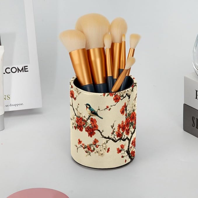 Faux Leather Pen Holder for Desk, Pencil Organizer Flowers and Birds Pen Cup Desk Decor Makeup Brush Holder Storage for Office Home