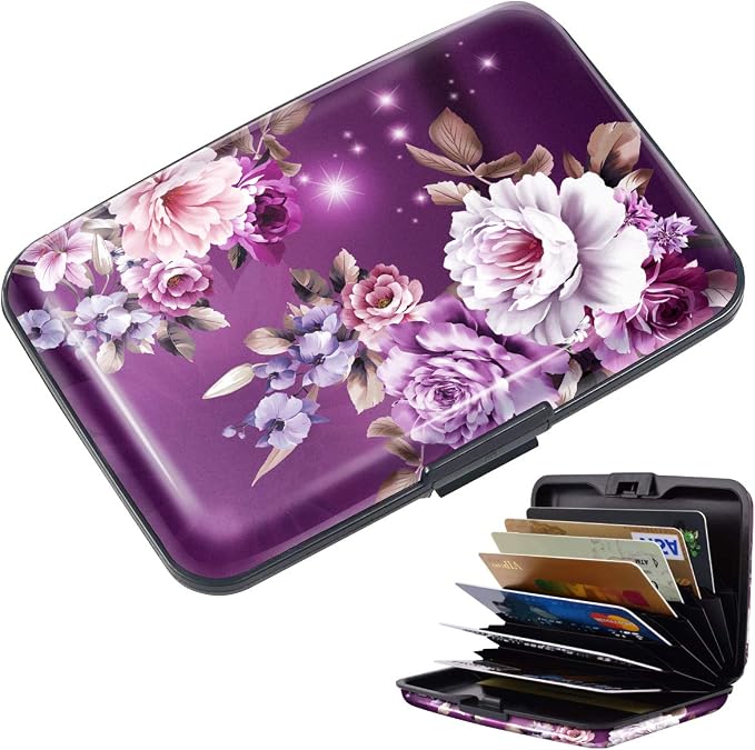 Credit Card Holder for Women,RFID Blocking Slim Hard Mini Flowers Card Case ID Case Travel Wallet Purple