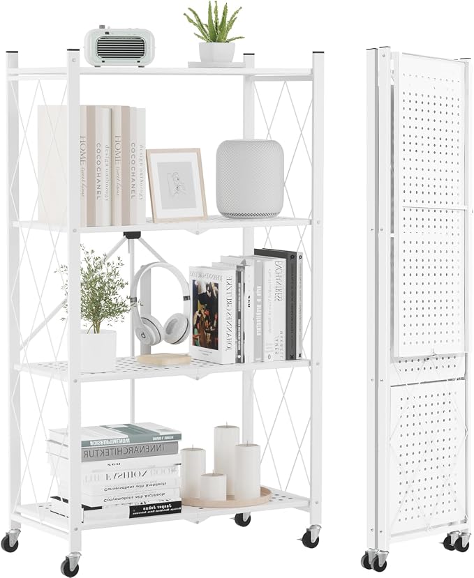 ALANNG 4 Tier Folding Storage Shelf on Wheels,Heavy Duty Metal Rolling Cart | 264 lbs Capacity, No Tools Assembly, Folds to 3.9", Lockable Casters, Portable for Kitchen Laundry Garage (White, 1 Pack)