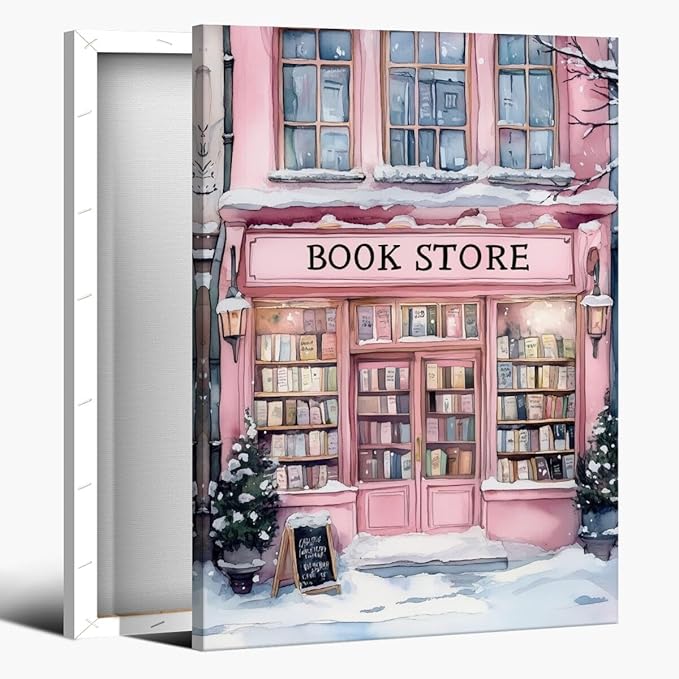 Winter Bookshop Snowy Art Aesthetic Poster Canvas Wall Art Decoration Living Room Home Decor Bedroom Decoration Poster Framed24x36inch