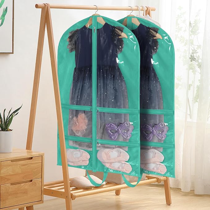 KEEGH 40 inch Clear Garment Bags for Dance Costumes, 2 Pack, Green | 4 Zipper Pockets, for Dance Competitions, Ballet, Theatre, Dance Garment Bags for Dancers, Hanging Clothes for Closet Storage