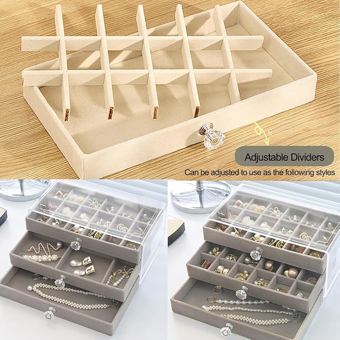 SPAKOWN Earring Box Holder Organizer Display Case, Clear Velvet Jewelry Storage Tray Organizer for Earring Ring Stud (Grey - 3 Drawers)