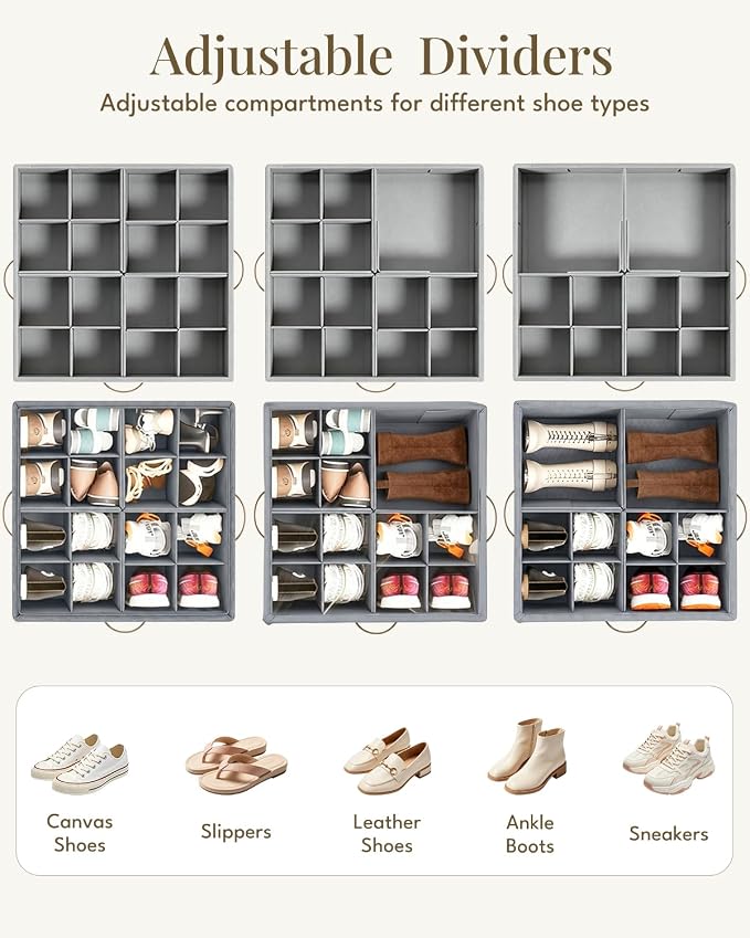 Shoe Organizer for Closet with Wheels - 2 Pack Shoe Storage Box Bin Cubes | Detachable Wheels | Fits 32 Pairs | Adjustable Dividers | Side Pockets | Clear Cover | Foldable | Stackable | Label Holder