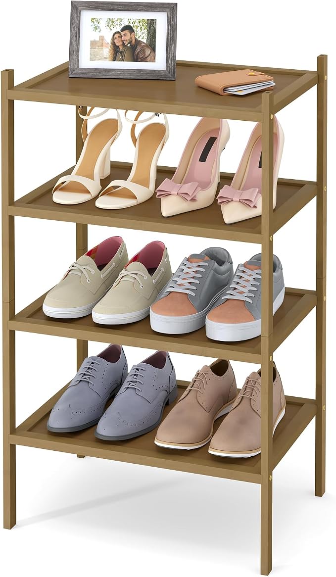 Smiry Bamboo Small Shoe Rack, 4 Tier Shoe Organizer for Entryway & Closet, Stackable Free Standing Storage Shelf for Shoes, Bags & Plants, Walnut