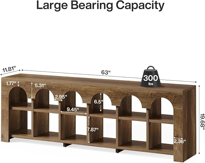 63" Entryway Bench with Shoe Storage, Farmhouse Bench with 12 Cubbies | Stores 12 Pairs, Slim 11.8" Profile, Arched Cubby Design, Shoe Organizer, Ventilated Storage, Wood Bedroom Bench