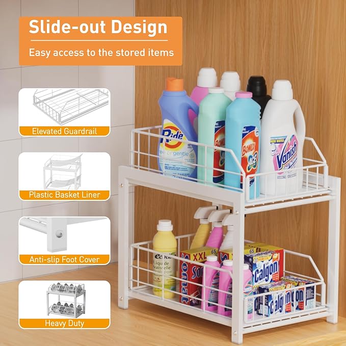 2 Tier Sliding Basket Drawer Organizer, Pull Out Under Sink Cabinets Organizers, Metal Home Shelf for Bathroom or Kitchen, Sliding Countertop or Pantry Storage Shelf, White