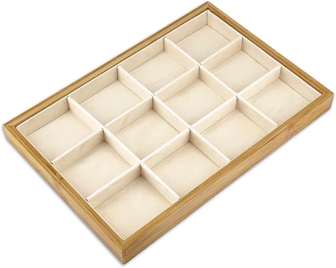 The Display Guys - Stackable Jewelry Tray and Organizer - for Drawers, Dressers, Store Display (12 Compartments, Bamboo Suede)