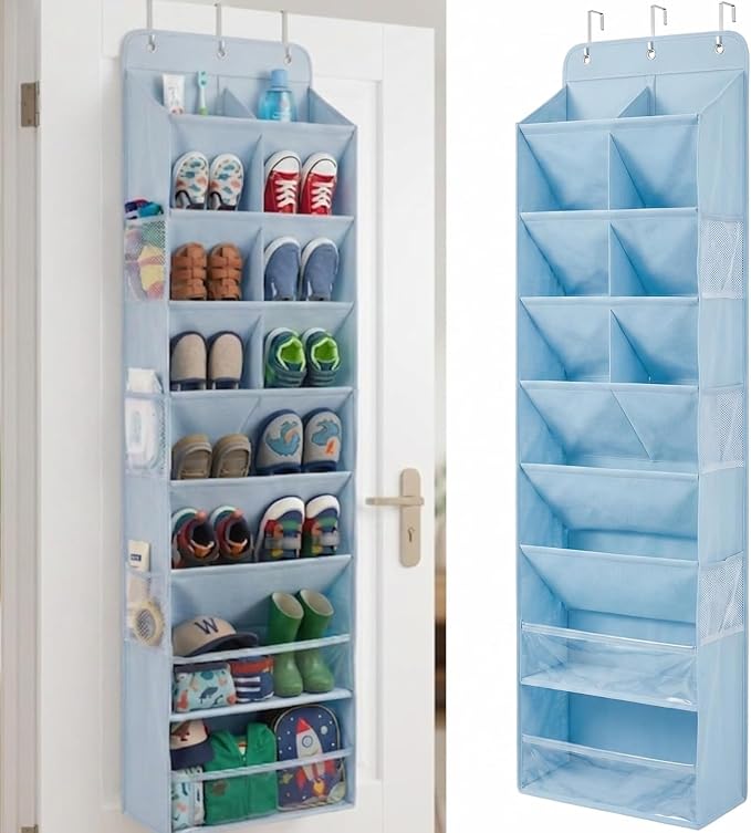 HOMELUX THEORY 8 Tier Hanging Shoe Organizer for Closet, Over the Door Shoe Organizer with Deep 120D Extra Thick Pockets, Shoe Rack for Closet & Entryway, with 6 Side Pockets for Boots (Blue)