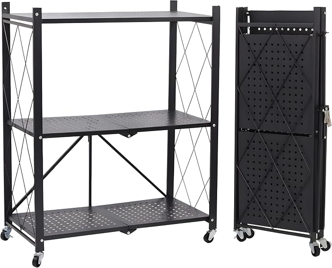 COKIHOM 3-Tier Folding Shelf, No Assembly Metal Shelving Unit with Wheels, Heavy Duty Folding Bookshelf, Space Saving Foldable Storage Shelf for Kitchen, Books, Pantry, Bathroom Organization