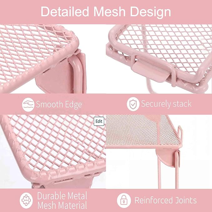 Neudeco Pack 2, Mesh Locker Shelf, Stackable Extra Tall Locker Organizer, Collapsible and Metal Build, Fits Standard Size School Locker, Suitable for Work, Kitchen, Bathroom (Pink)