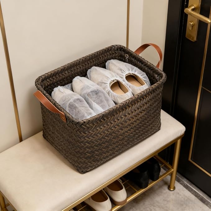 GIB Wicker Woven Storage Baskets for Organizing Blankets Laundry Shelves | Clothes Hamper, Large Closet Storage Bins Organizer, Living Room Toys Shoes Organization, Plastic Rattan, Espresso, 4 Pack