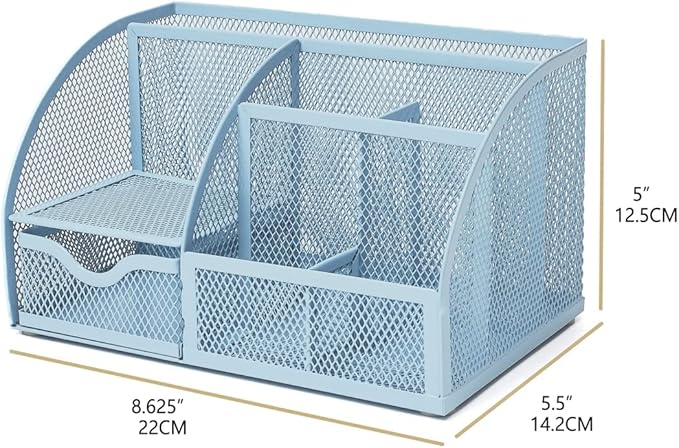 Annova Mesh Desk Organizer Office with 7 Compartments + Drawer/Desk Tidy Candy/Pen Holder/Multifunctional Organizer (New Blue23)