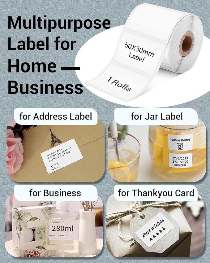 Phomemo Thermal Sticker Label for M110/M100/M108/M220/M250/M221 Label Printer,1.97"x1.18"(50x30mm), Name Labels for Kids, School, 230 Labels/Roll, Black on White | Square 50 x 30mm Name Thermal Stickers for Kids/School, 1 Roll, for Barcode/Address/Orga...
