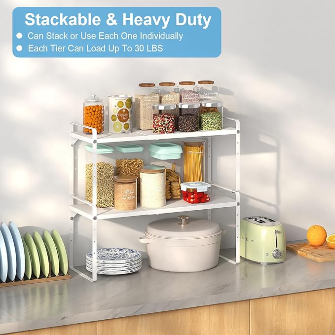 15.5 to 25.5 Inch Kitchen Cabinet Shelf Organizers, Adjustable Kitchen Counter Shelf Organizer, Set of 3 Expandable Countertop Storage Shelves, Stackable Design, 30LBS Heavy Duty, Space Saver