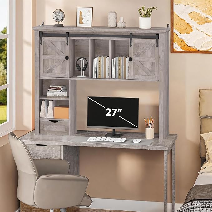 Large Desktop Bookshelf with Sliding Barn Door, 47.2''W Desk Shelf Display Rack, Desktop Organizer Storage Rack with 7 Cubbies and Drawer, Home, Desk Shelf for Office, Dorm, Vanity, Oak