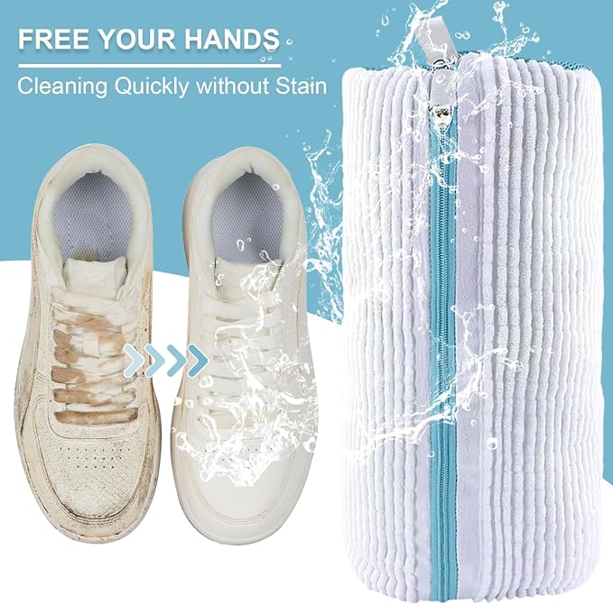 Shoe Washing Bag for Washing Machine, Fluffy Fibers Keep 360 Wrap-around Cleaning for All Types Shoe and Sizes, Laundry Shoe Bag for Washer and Dryer, Reusable Shoe Cleaning Bag for Sneaker