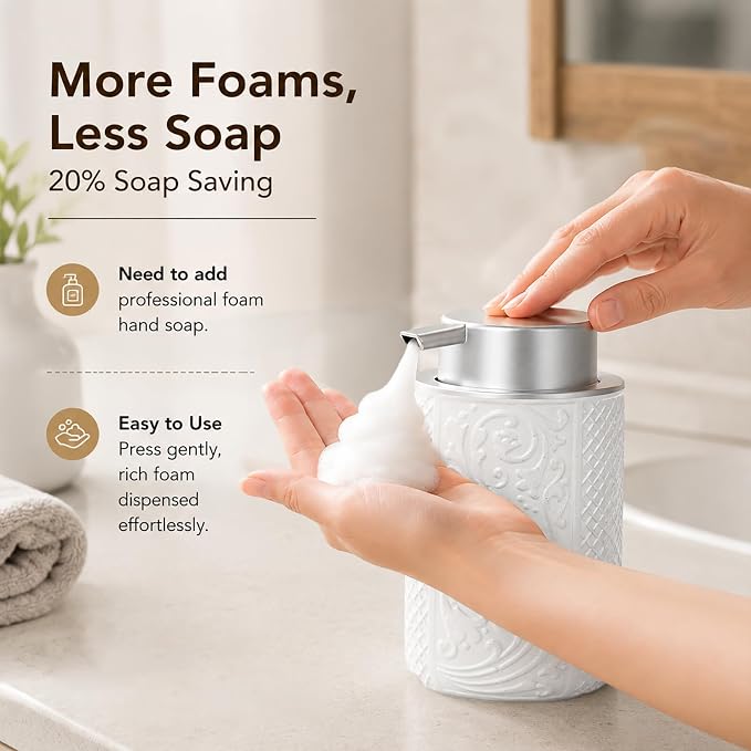 Ceramic Beige Foaming Soap Dispenser,12OZ/350ML Empty Foam Hand Soap Dispenser, Refillable Lotion Containers with Pump for Bathroom, Kitchen
