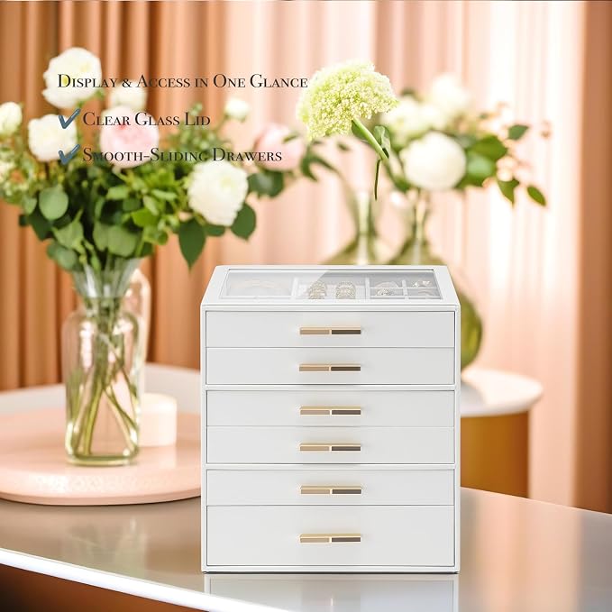 VLANDO 6-Drawer Jewelry Box with Glass Lid, Faux Leather Organizer for Rings Earrings Necklaces and More, Gift-Ready Jewelry Case for Women Girls or Moms, White