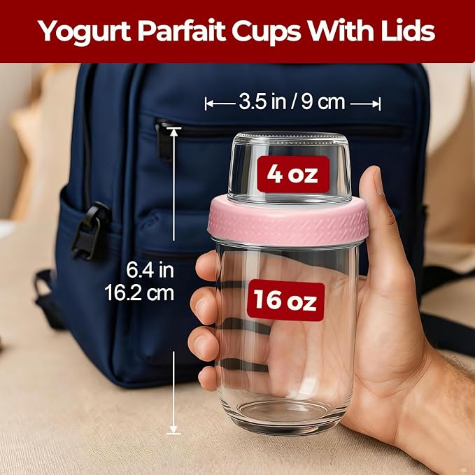 16+4 oz Glass Parfait Cups with Lids 2 Pack Yogurt To Go Containers | Dry Wet Separation, Overnight Oats Containers,Chia Pudding,Nuts, Fruit,Granola Toppings,Meal Prep Jars