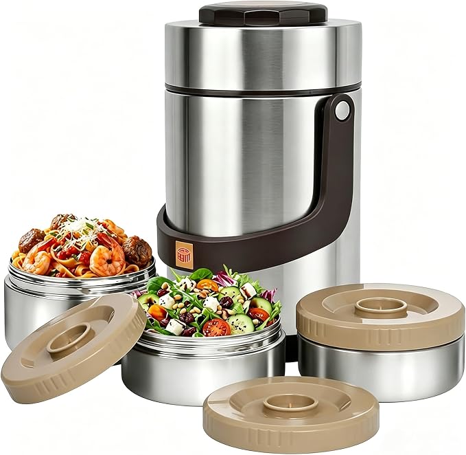 67 oz Stainless Steel Vacuum Insulated Food Jar, 3-Layer Stackable Design | Sealed Leak-Proof Wide Mouth Portable,Suitable for Daily Office Meals and Outdoor Meals (Silver)